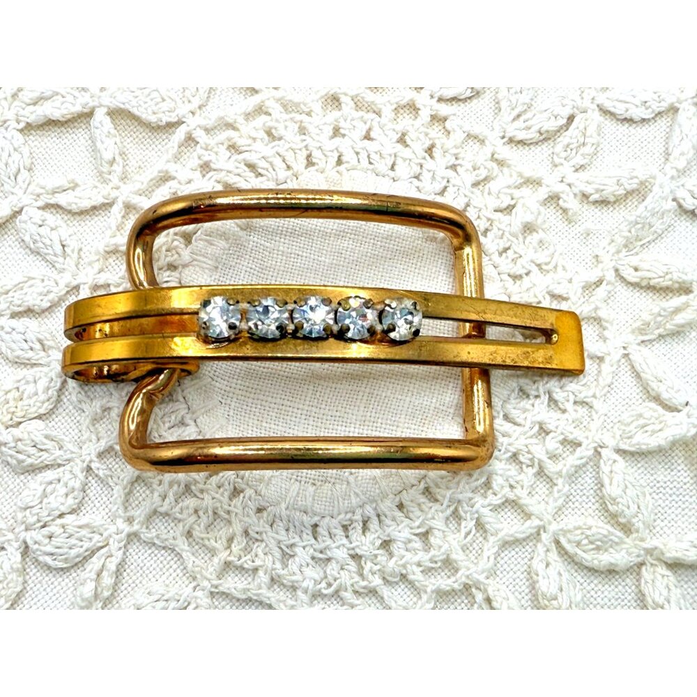 Vtg. 1950s Albert Bliss Solid Bronze Rhinestone Adjustable Strap Tongue Buckle